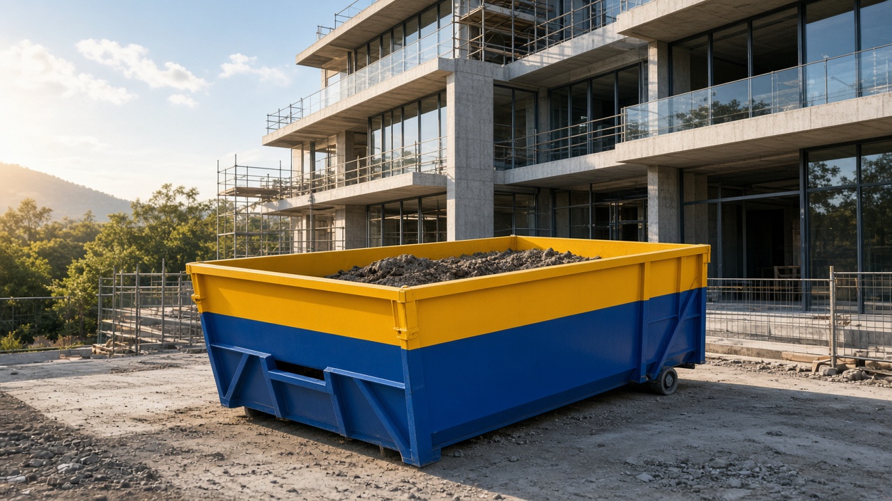 Caçamba estacionária azul e amarela da Obra Limpa Valorize posicionada em construção moderna